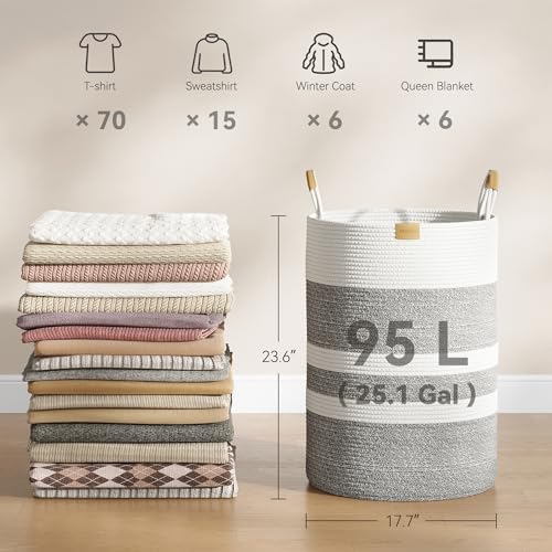 Nunsino 95L Gray Striped Laundry Hamper with Leather Handles