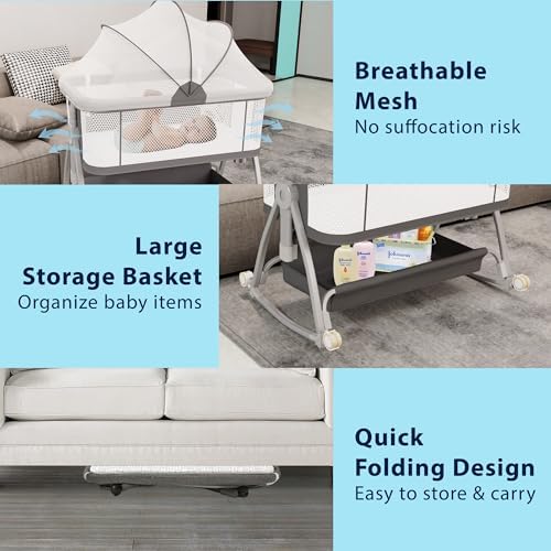 3 in 1 Baby Bassinet with Mattress and Wheels Gray