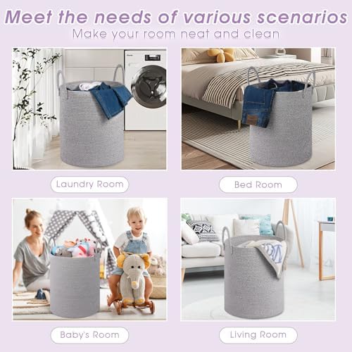 Large Cotton Rope Laundry Basket with Handles - Light Gray