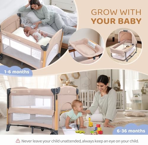 JOYMOR 7 in 1 Bedside Bassinet with Changing Table and Playpen