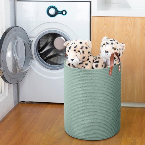 80L Woven Rope Storage Basket with Leather Handles Green