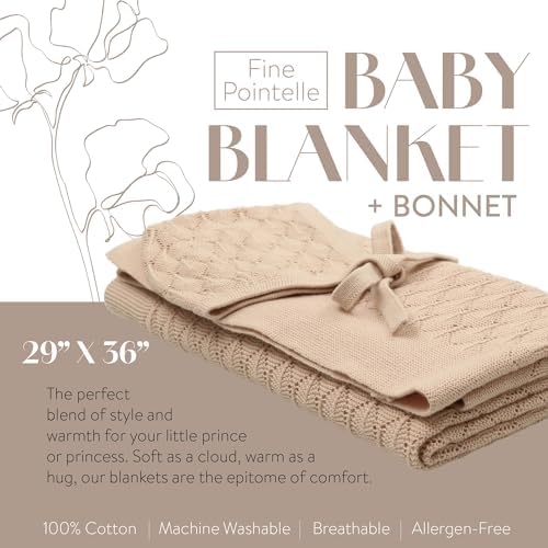 Peluche Pointelle Knit Swaddling Blanket with Bonnet - Tan