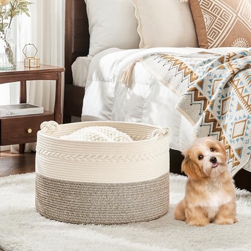 KAKAMAY 100 Cotton Woven Storage Basket 20x13 WhiteBeige