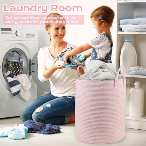 HOBASKET Cotton Rope Laundry Basket Hamper Pink 1