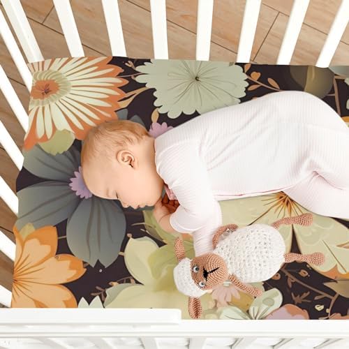Wassud Light Brown Flower Crib Sheets Pack and Play Fitted 28x52 Inch Neutral