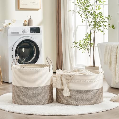 KAKAMAY 100 Cotton Woven Storage Basket 20x13 WhiteBeige