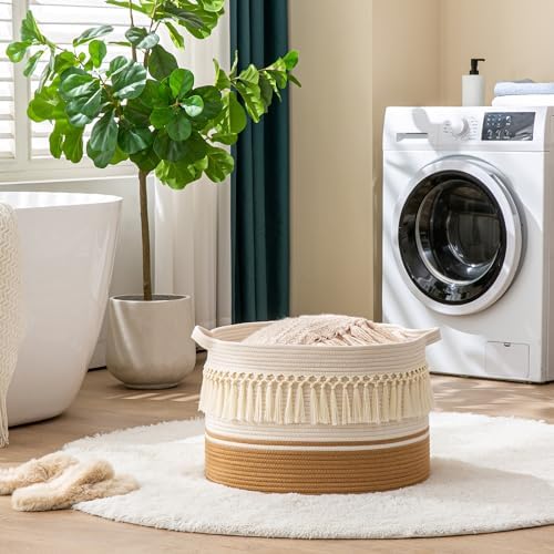 KAKAMAY Cotton Rope Blanket Basket 20x13 with White Fringe