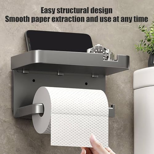 Toilet Paper Holder with Phone Shelf - Adhesive Wall Mount