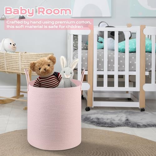 HOBASKET Cotton Rope Laundry Basket Hamper Pink 1