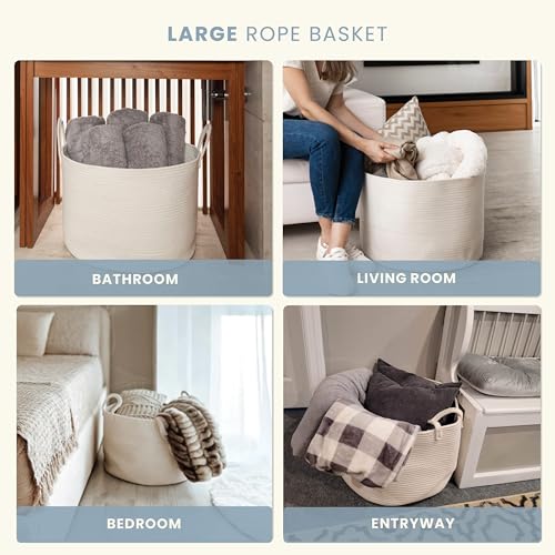 OrganiHaus Laundry Basket Woven Cotton Rope 20x13 Inches - Off-White