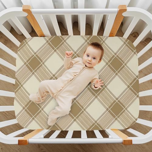 Wassud Light Brown Plaid Crib Sheets for Boys Girls
