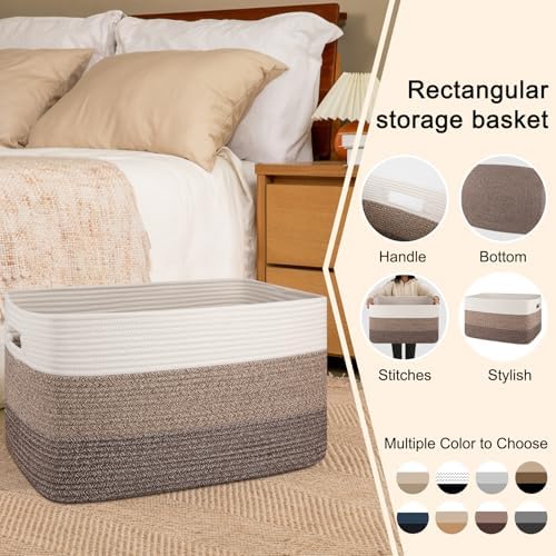 OIAHOMY Woven Cotton Blanket Basket - Gradient Dark Brown 22x17x12