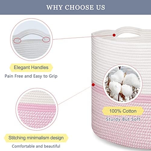 Extra Large Woven Cotton Basket for Kids 22x14 Blend White Pink