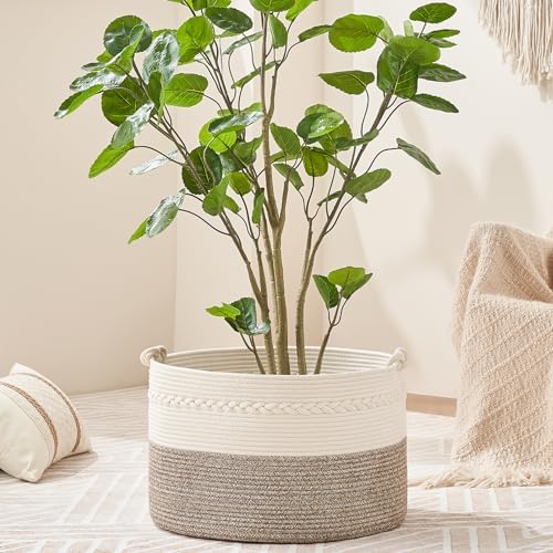 KAKAMAY 100 Cotton Woven Storage Basket 20x13 WhiteBeige