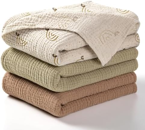 Lulumoon Baby Muslin Swaddle Blankets 3-Pack Rainbow Khaiki