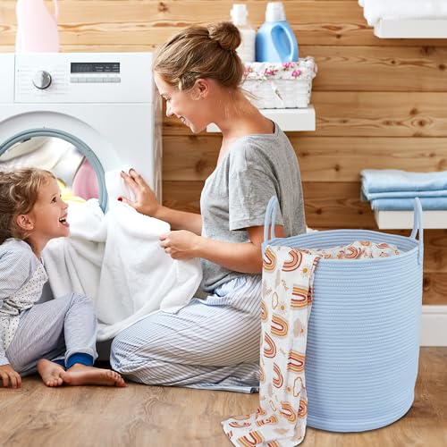 Cotton Rope Laundry Hamper with Handles - Light Blue 1