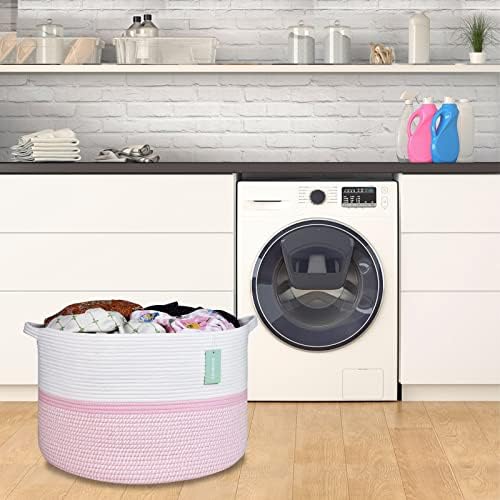 Extra Large Woven Cotton Basket for Kids 22x14 Blend White Pink