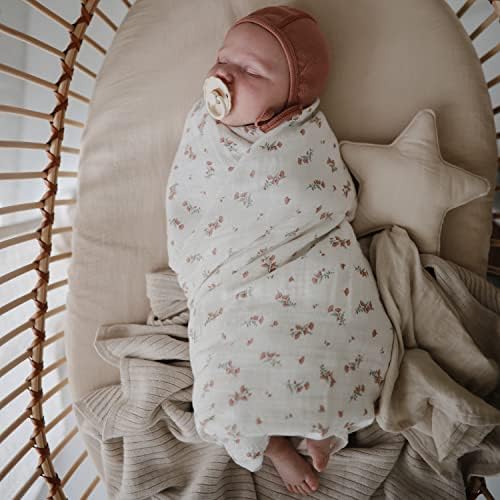 Mushie Muslin Swaddle Blanket for Baby - Pink Flowers Design