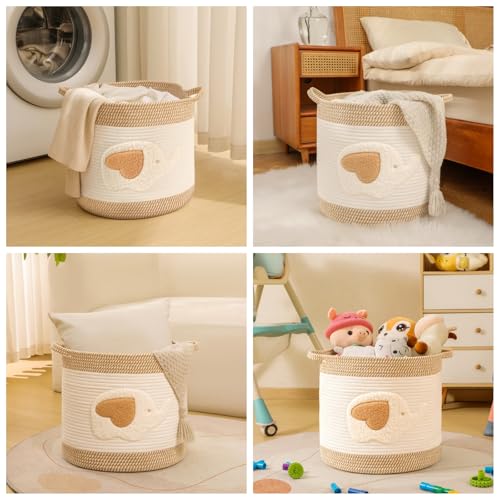 Large Woven Cotton Rope Storage Basket with Elephant Embroidery