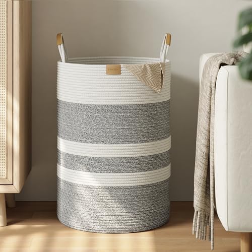 Nunsino 95L Gray Striped Laundry Hamper with Leather Handles