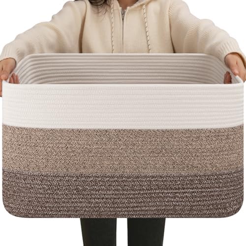 OIAHOMY Woven Cotton Blanket Basket - Gradient Dark Brown 22x17x12