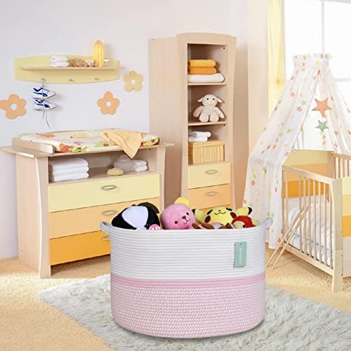 Extra Large Woven Cotton Basket for Kids 22x14 Blend White Pink