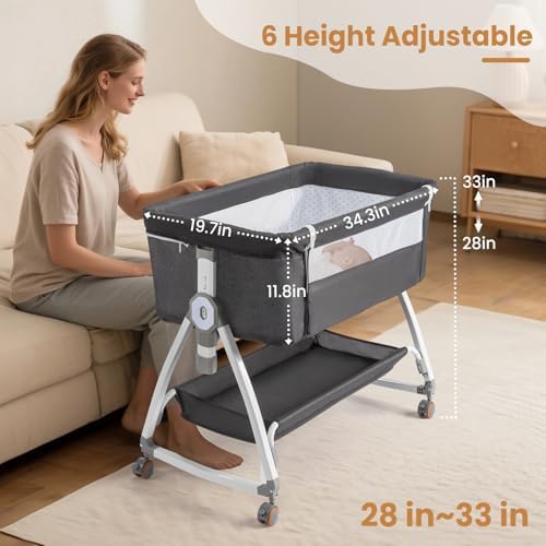JOYMOR 3 in 1 Portable Bedside Bassinet with Wheels and Adjustable Height