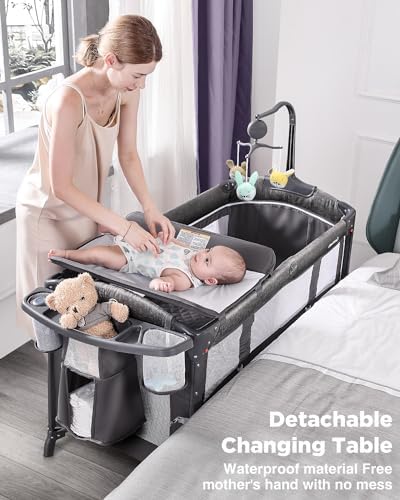 ADOVEL Baby Bassinet Bedside Crib with Mattress Diaper Changer and Playard - Grey