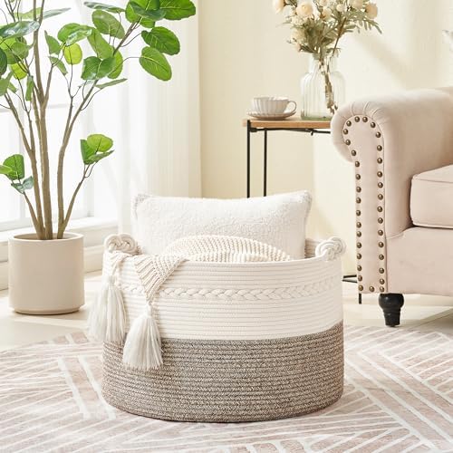 KAKAMAY 100 Cotton Woven Storage Basket 20x13 WhiteBeige