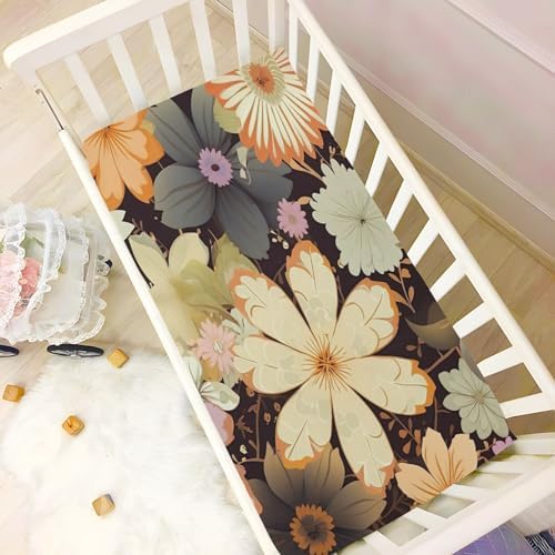 Wassud Light Brown Flower Crib Sheets Pack and Play Fitted 28x52 Inch Neutral