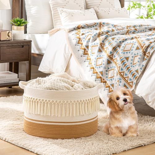 KAKAMAY Cotton Rope Blanket Basket 20x13 with White Fringe