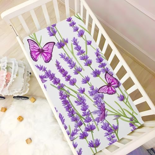 Jihqo Lavender Butterflies Crib Sheets for Baby 52x28 inch