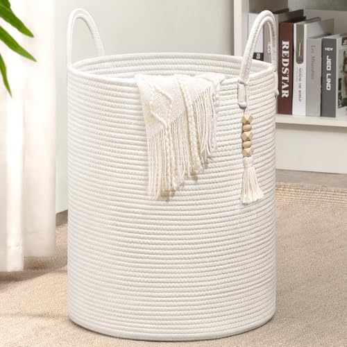 Goodpick White Woven Laundry Basket with Handles 16x20 Inches