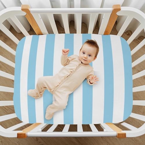 Fitted Crib Sheet Blue White Stripes Stretchy Playard Sheet for Baby