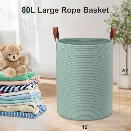 80L Woven Rope Storage Basket with Leather Handles Green