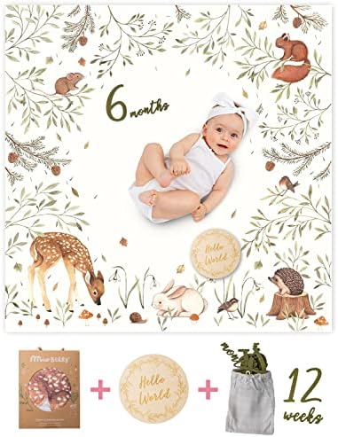 Miaoberry Organic Cotton Muslin Baby Milestone Blanket with Woodland Sign