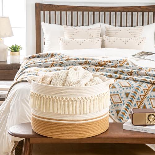 KAKAMAY Cotton Rope Blanket Basket 20x13 with White Fringe