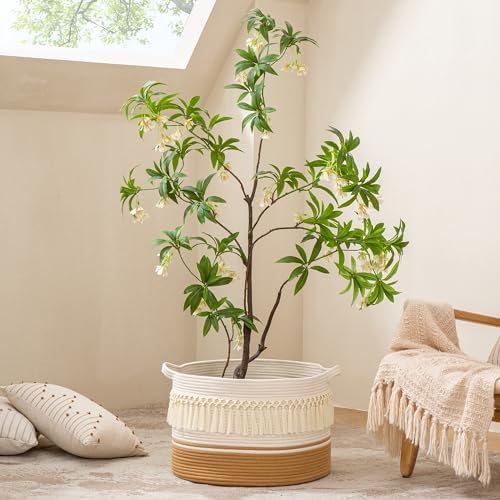KAKAMAY Cotton Rope Blanket Basket 20x13 with White Fringe