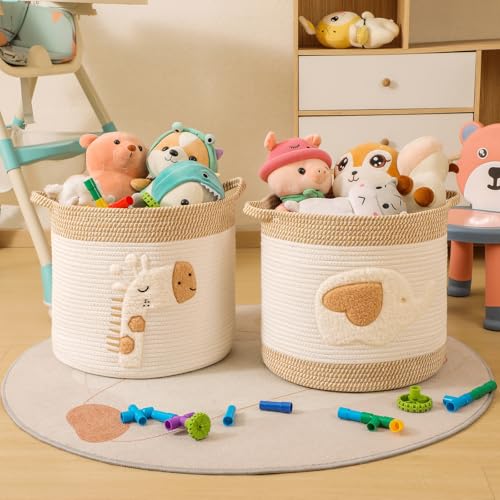 Large Woven Cotton Rope Storage Basket with Elephant Embroidery