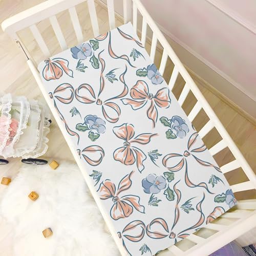KICPOAY Fitted Crib Sheets with Pansies Flower Ribbons for Baby Toddler
