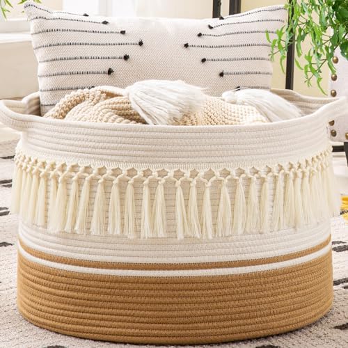 KAKAMAY Cotton Rope Blanket Basket 20x13 with White Fringe