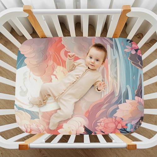 Wassud Pink Sky White Clouds Crib Sheets Pack and Play Fitted