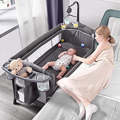 ADOVEL Baby Bassinet Bedside Crib with Mattress Diaper Changer and Playard - Grey
