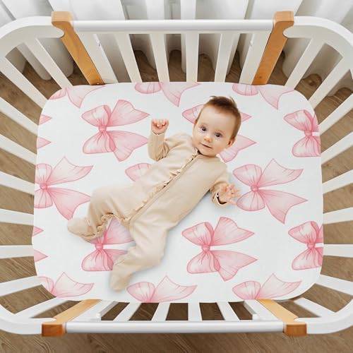 Pink Ribbon Bows Crib Sheets for Pack N Play and Mini Crib