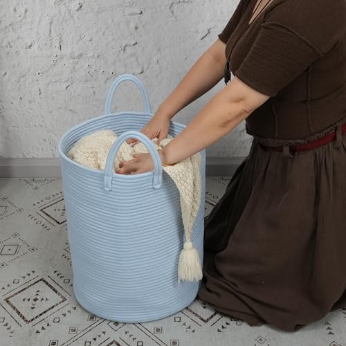 Cotton Rope Laundry Hamper with Handles - Light Blue 1