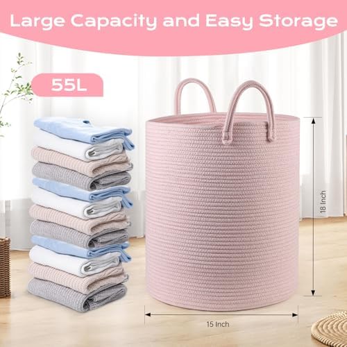 HOBASKET Cotton Rope Laundry Basket Hamper Pink 1