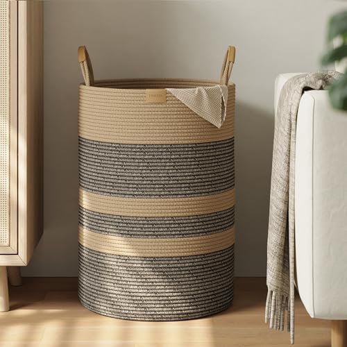 Nunsino 95L Striped Laundry Hamper with Leather Handles