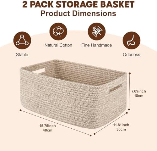 OIAHOMY Woven Rope Storage Baskets 2-Pack Brown