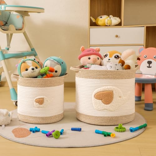 Large Woven Cotton Rope Storage Basket with Elephant Embroidery
