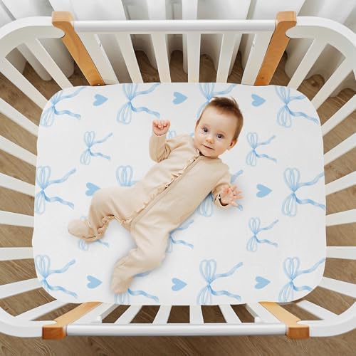 KICPOAY Fitted Crib Sheets Blue Bow Heart Pattern